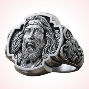 Christian gift jesus christ ring with IHS monogram and floral scrolls, oxidized 925 silver