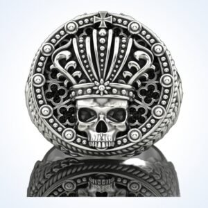 Gift for him king skull ring front view, 925 sterling silver statement