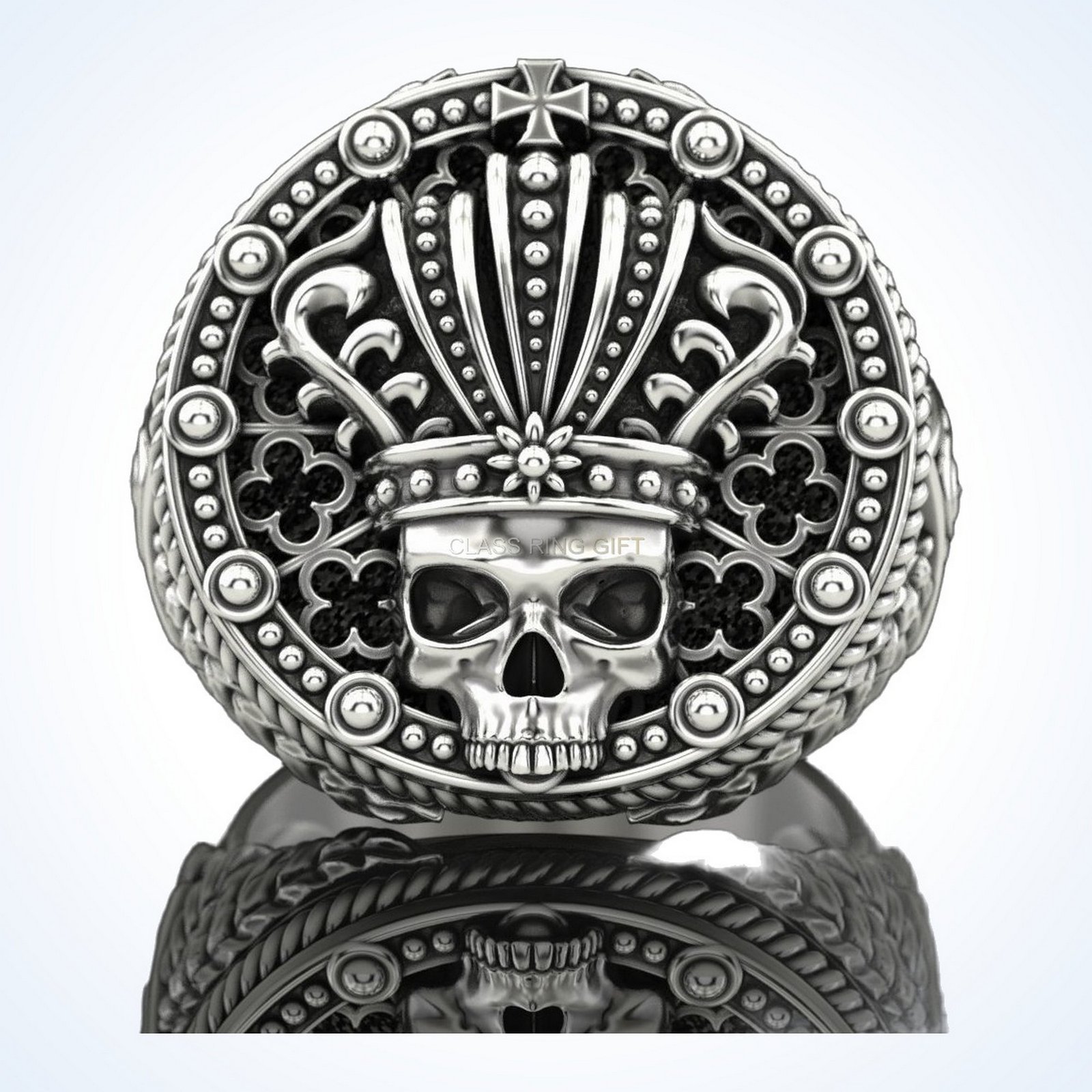 Gift for him king skull ring front view, 925 sterling silver statement