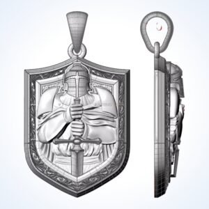 Gift for him knight pendant front view with armored warrior and sword
