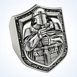 Gift for him knight ring, oxidized 925 sterling silver signet with armored knight