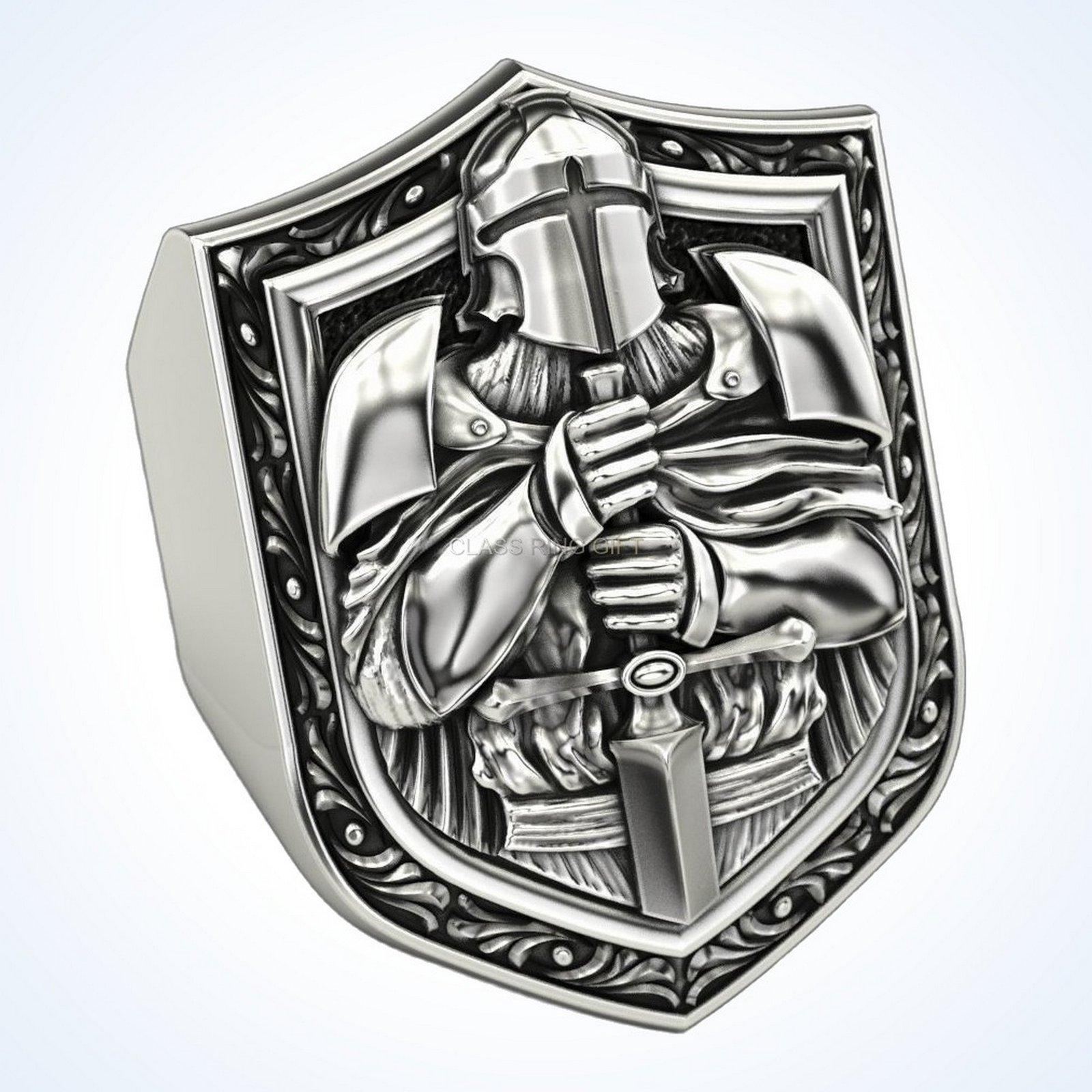 Gift for him knight ring, oxidized 925 sterling silver signet with armored knight