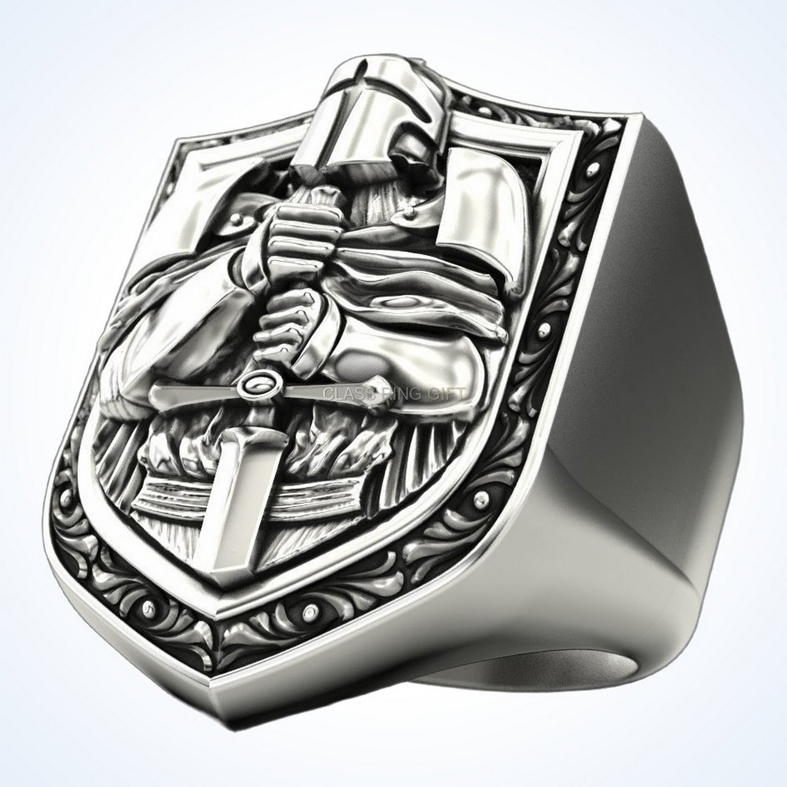 Gift for him knight ring, three-quarter angled side view