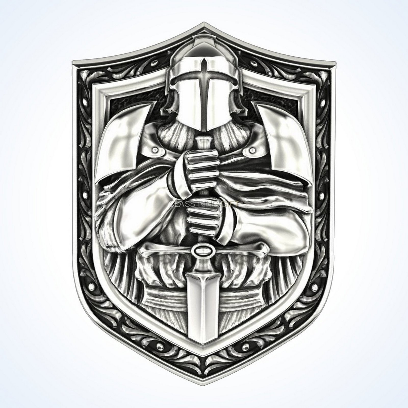 Gift for him knight ring, straight-on shield and knight face
