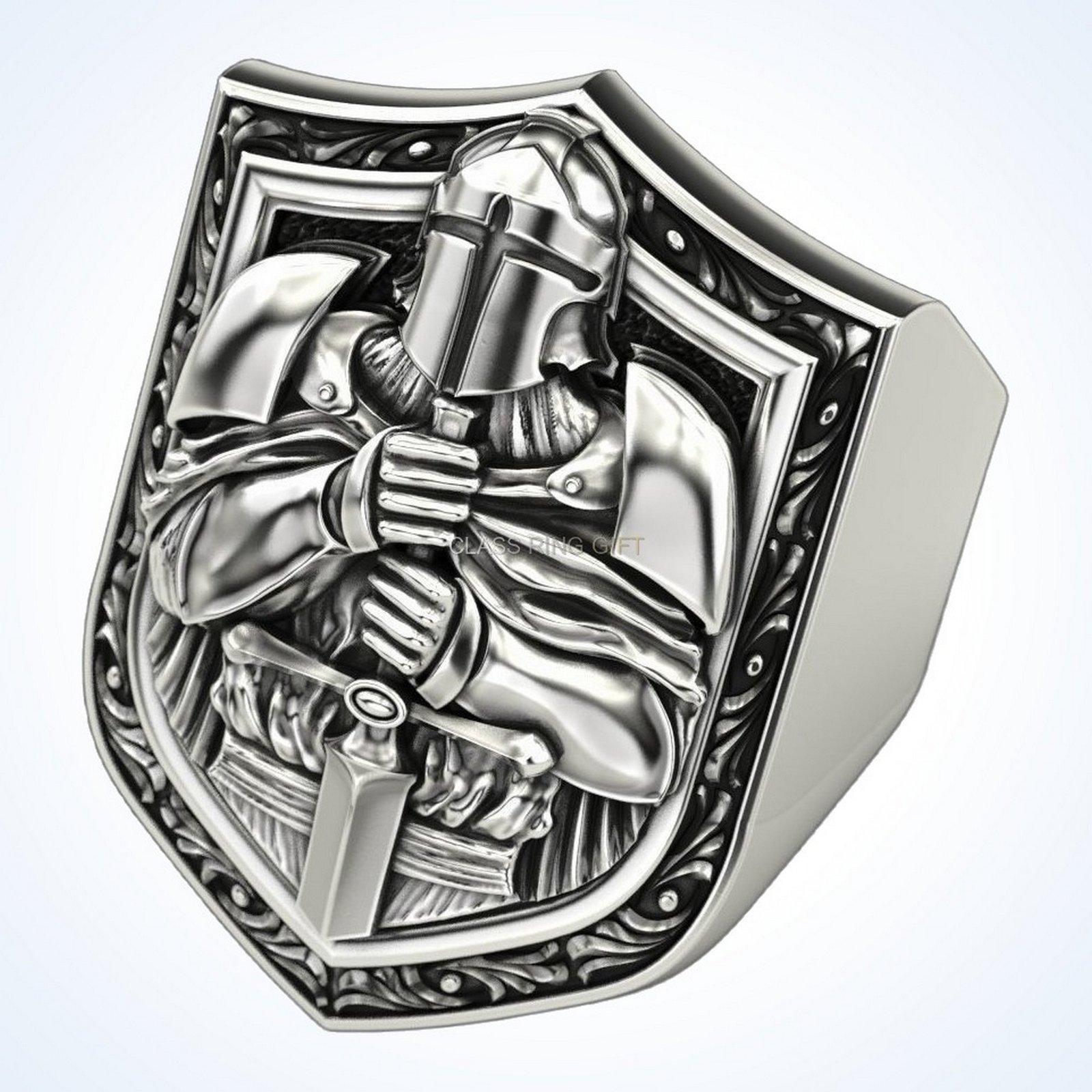Gift for him knight ring, oxidized 925 sterling silver signet with armored knight