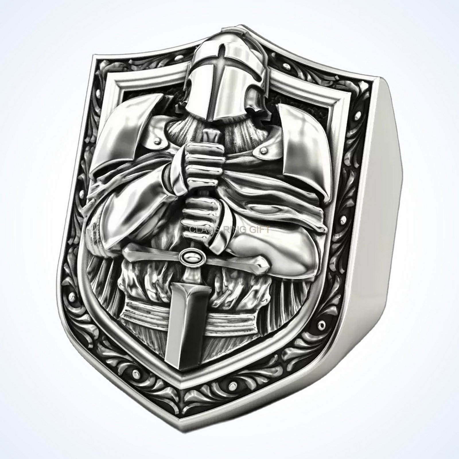 Gift for him knight ring, oxidized 925 sterling silver signet with armored knight