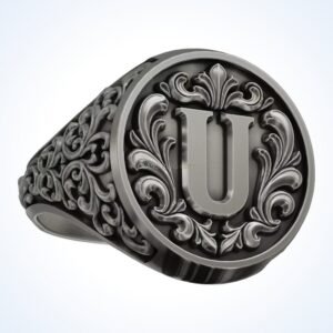 Gift for him letter vintage signet ring with U monogram, acanthus border