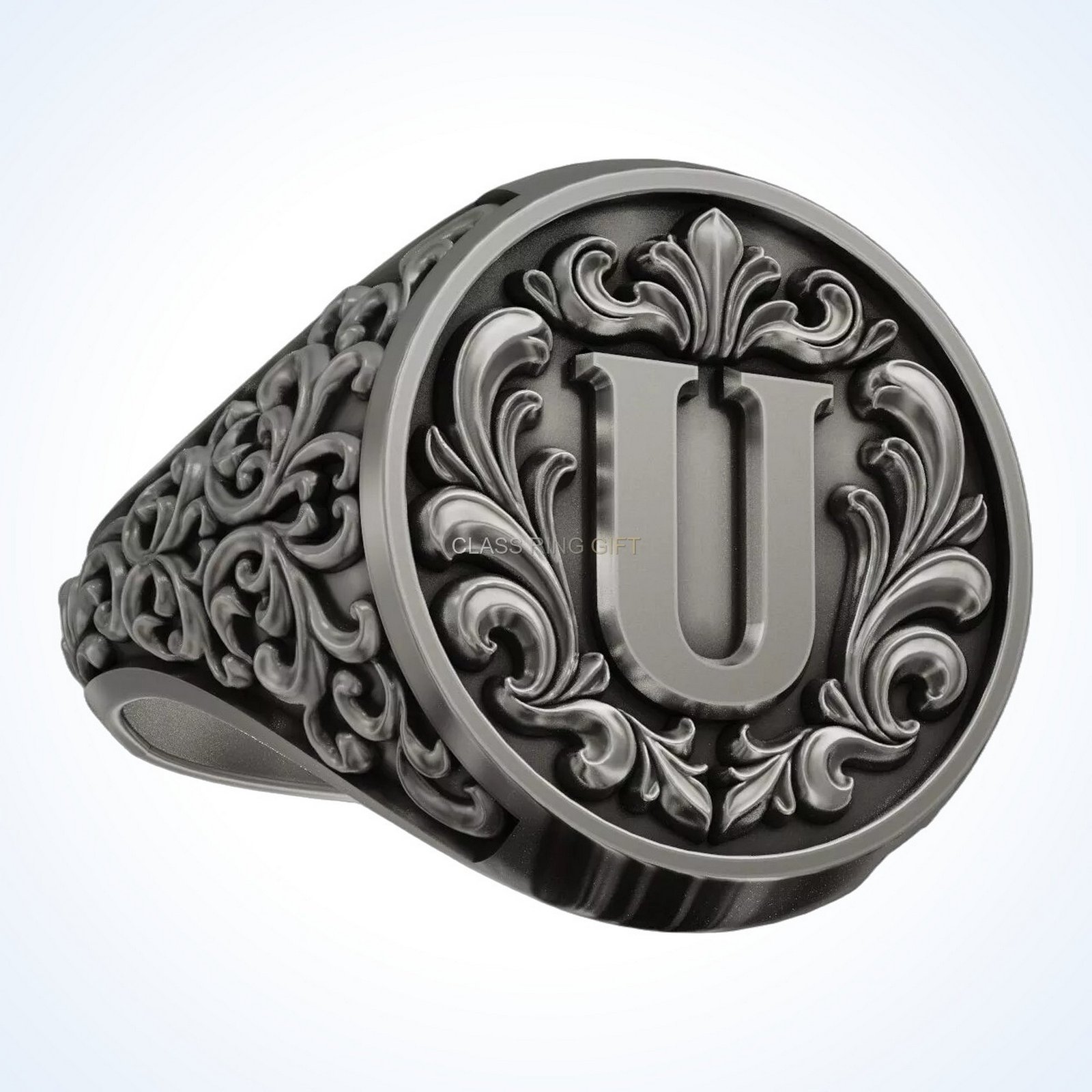 Gift for him letter vintage signet ring with U monogram, acanthus border