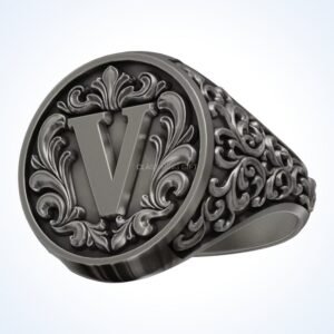 gift for him letter ornamental signet ring with V initial and acanthus frame