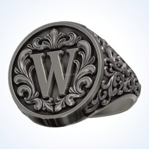 signet gift for him letter ornamental W ring 925 sterling silver oxidized