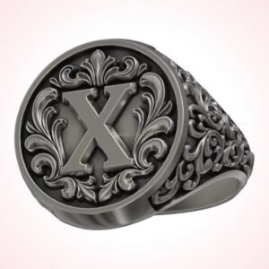 gift for her letter scrollwork ring with ornate acanthus scrollwork border, oxidized silver