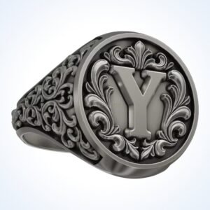 Signet gift for him letter vintage Y ring with baroque acanthus frame, oxidized 925 sterling silver