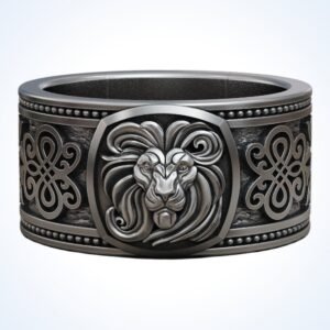 Gift for him lion face ring, oxidized 925 sterling silver with beaded border