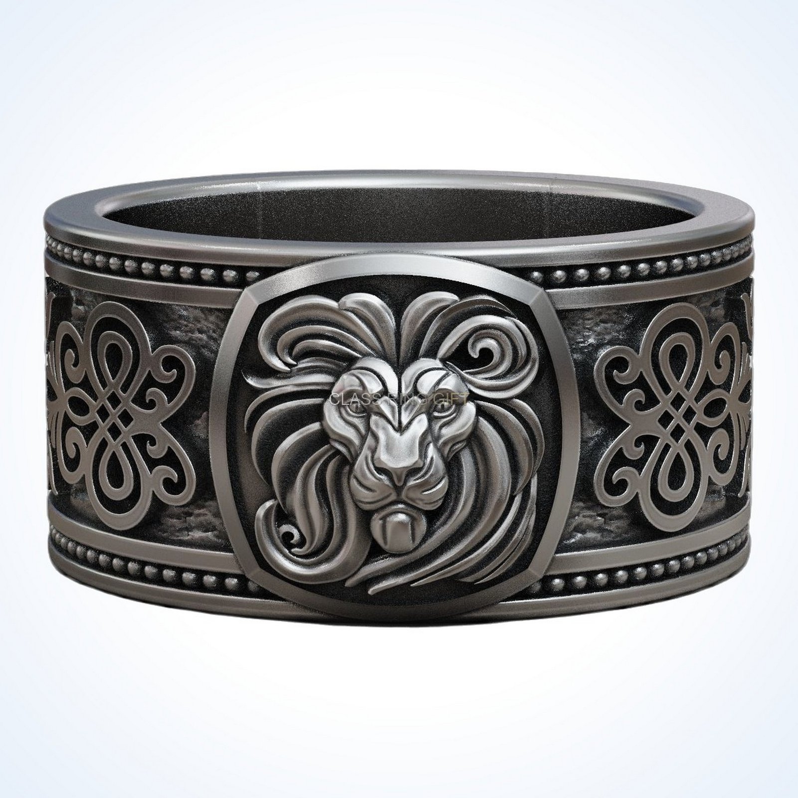 Gift for him lion face ring, oxidized 925 sterling silver with beaded border