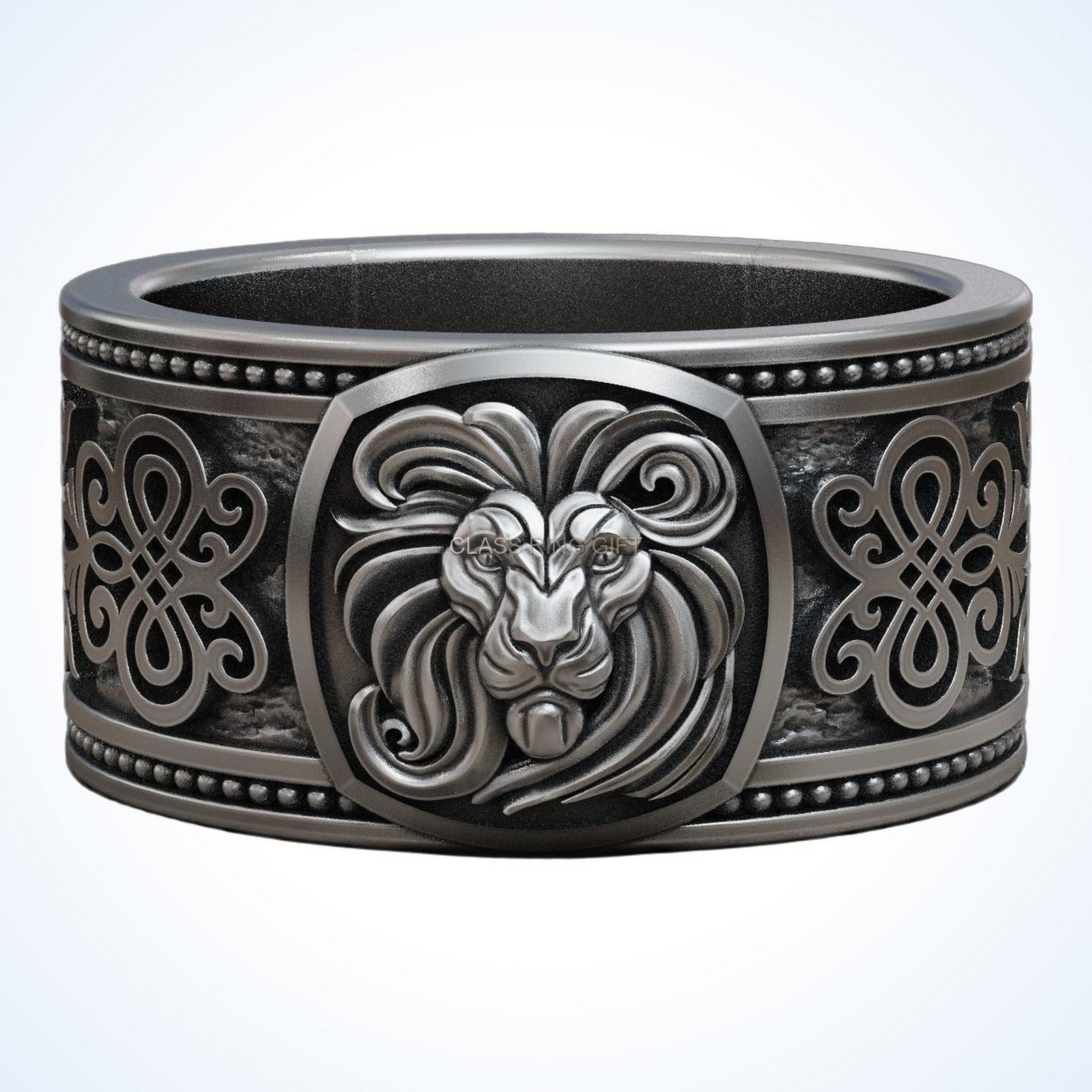Gift for him lion face, angled three-quarter view of band