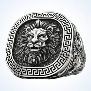 Gift for him lion greek ring, oxidized sterling silver signet