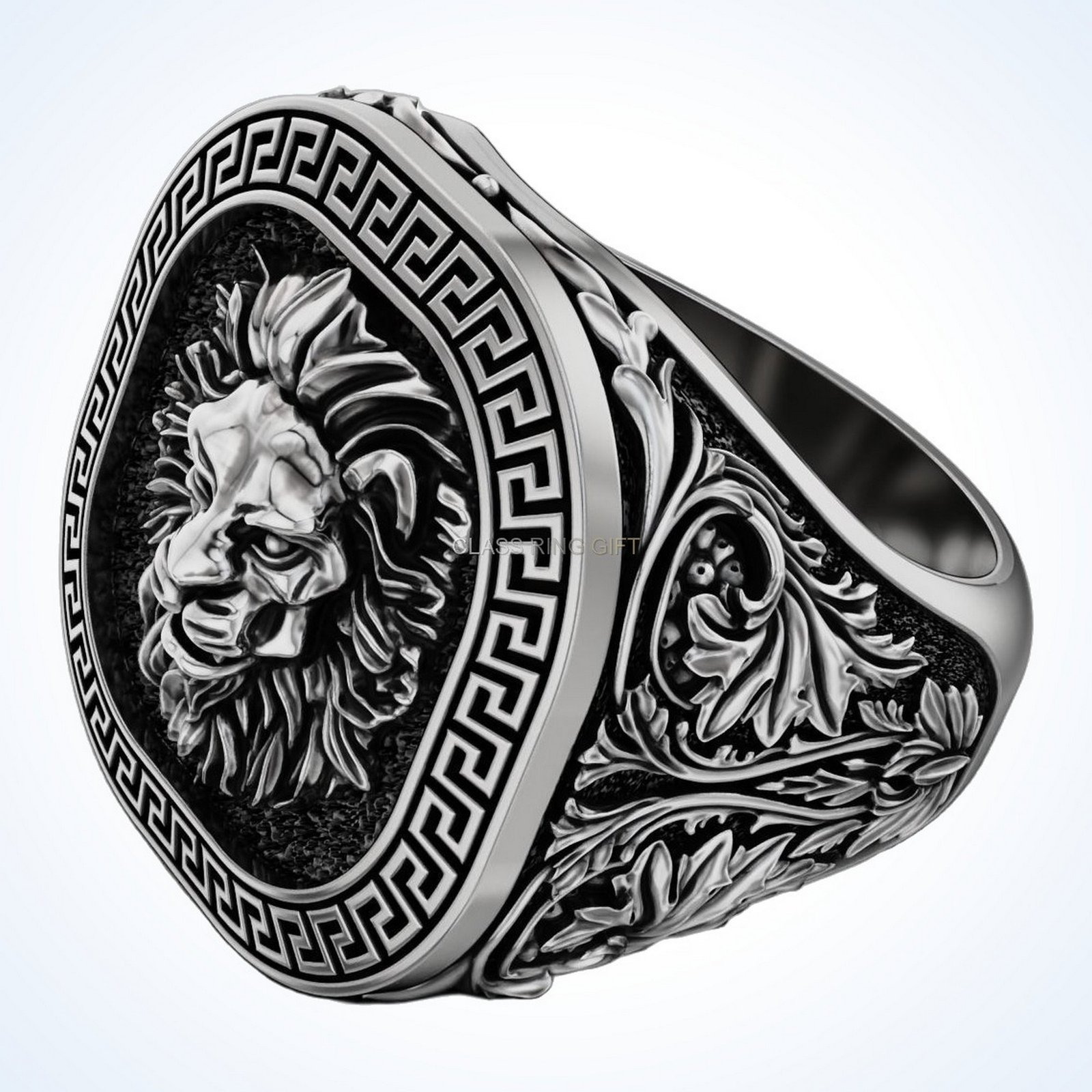 Gift for him lion greek ring, oxidized sterling silver signet