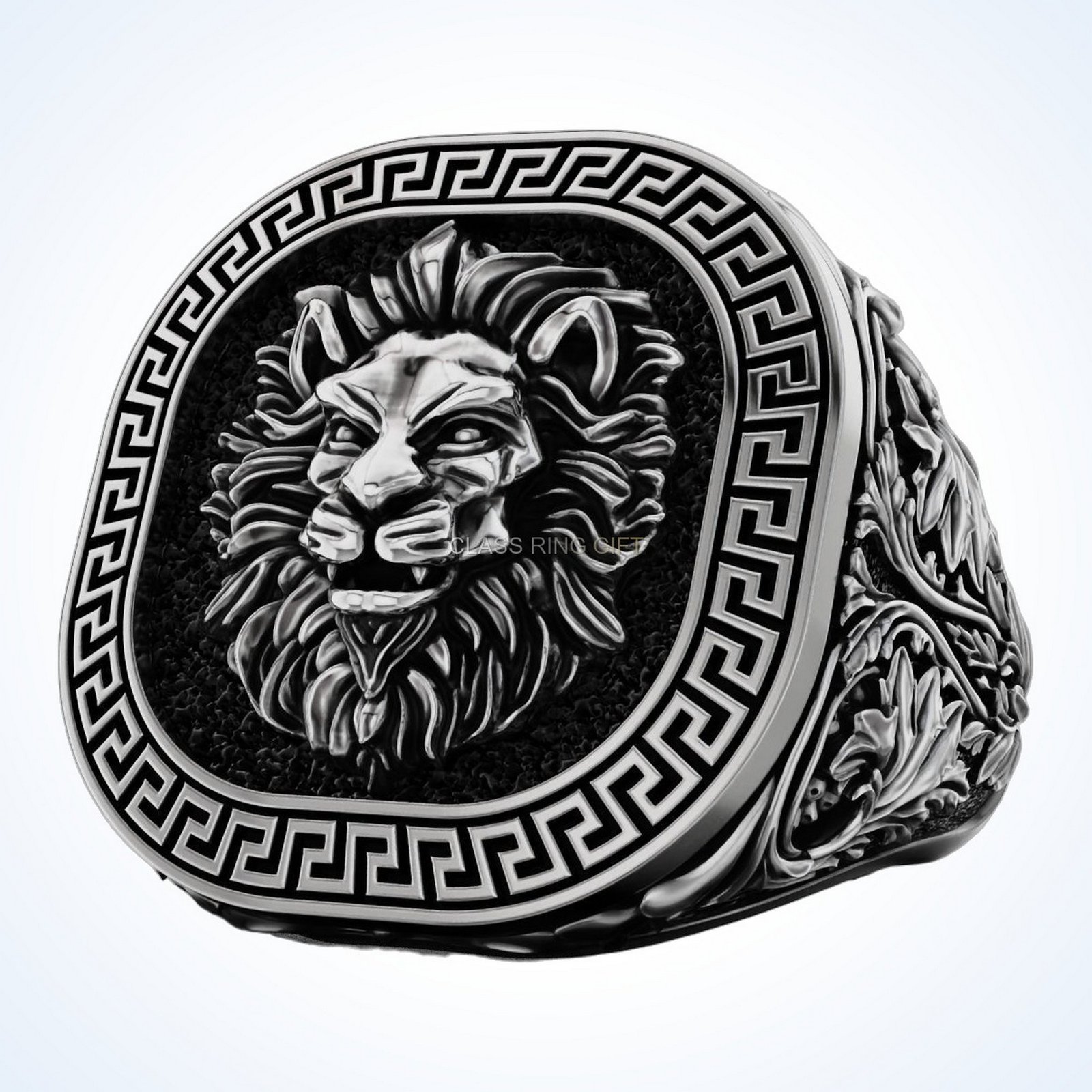 Gift for him lion greek ring, oxidized sterling silver signet