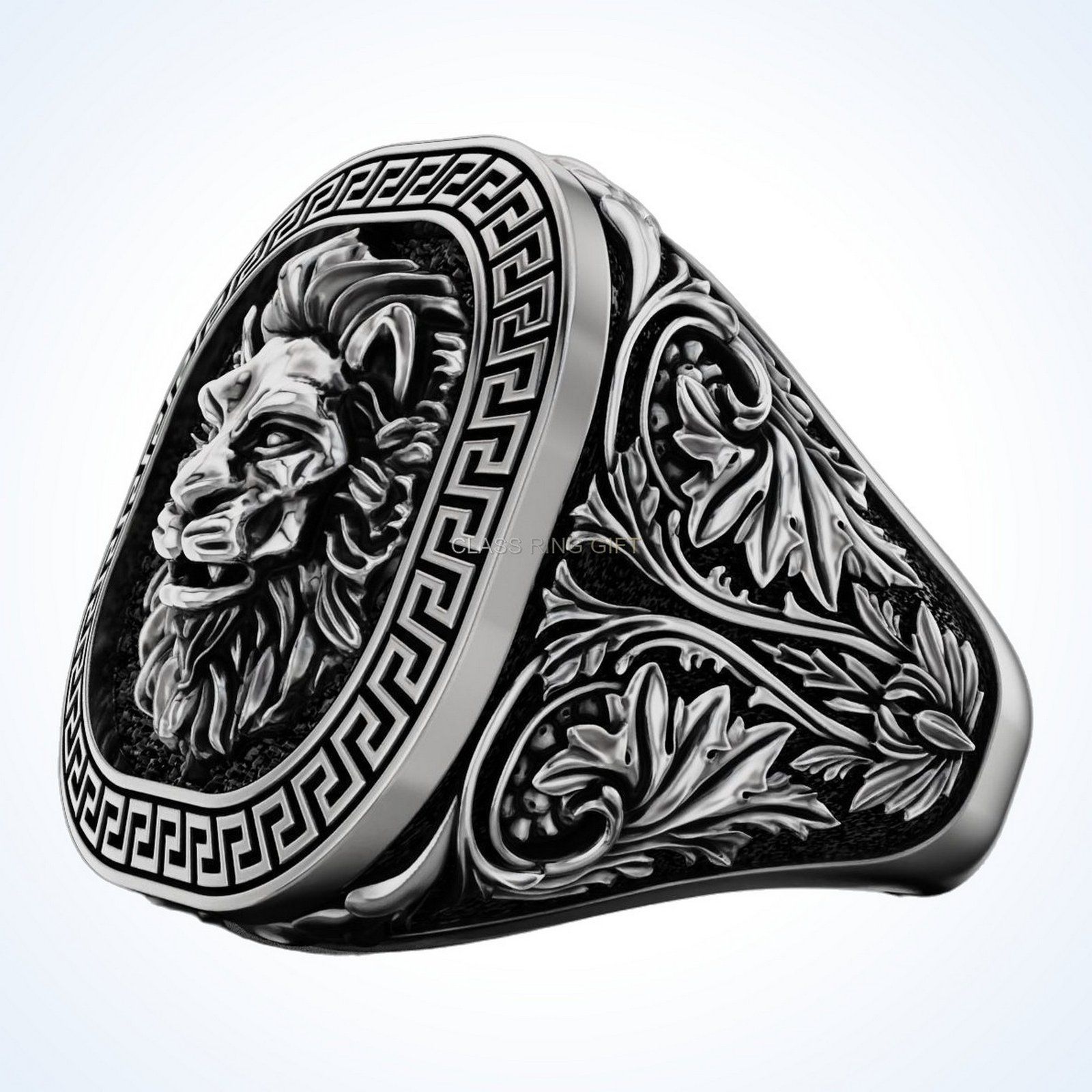 Gift for him lion greek ring, oxidized sterling silver signet