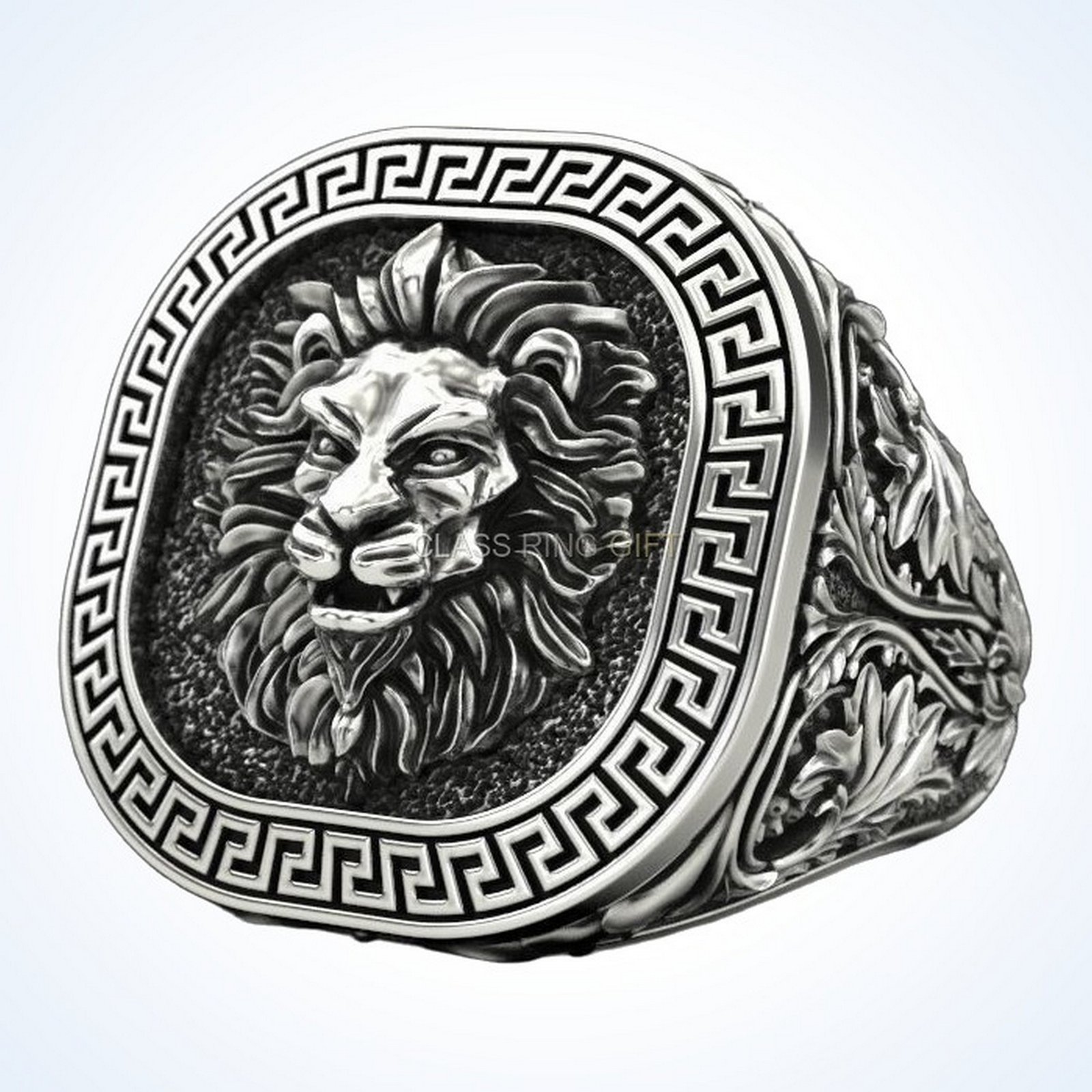 Gift for him lion greek ring, oxidized sterling silver signet