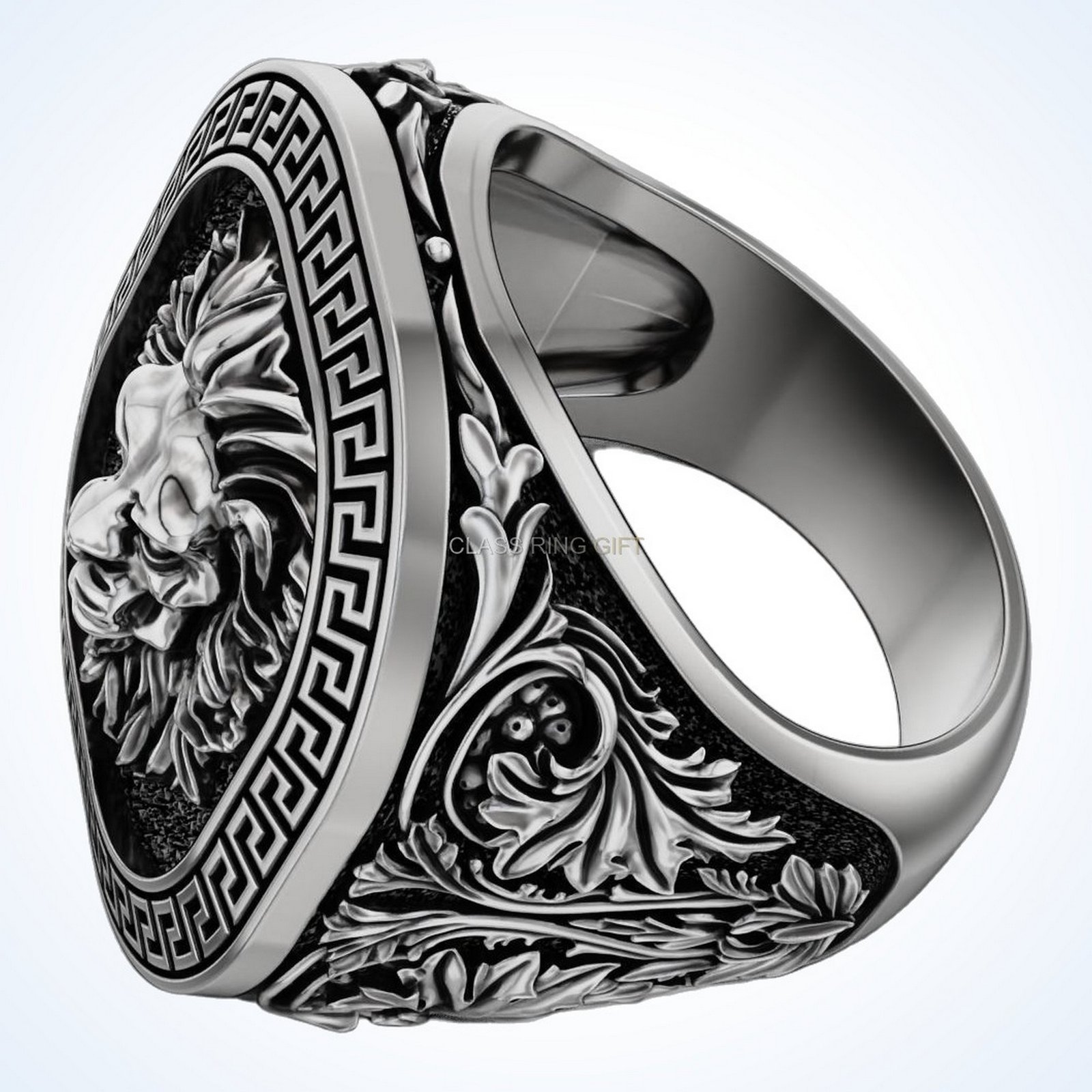 Gift for him lion greek ring, oxidized sterling silver signet