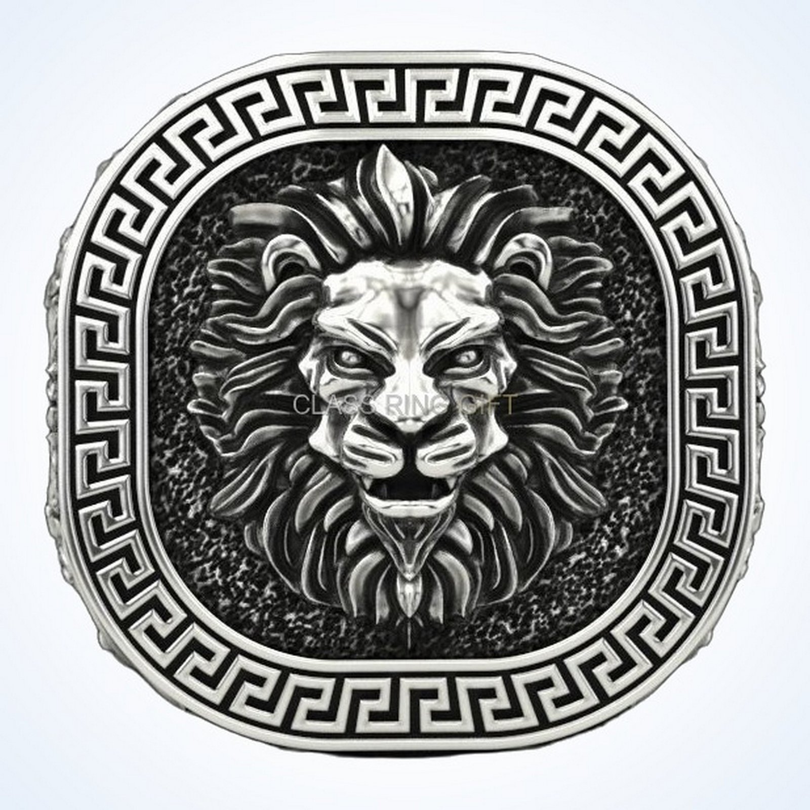 Gift for him lion greek ring, oxidized sterling silver signet