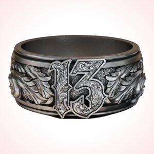 Gift for her lucky amulet baroque band ring, oxidized 925 sterling silver, front view
