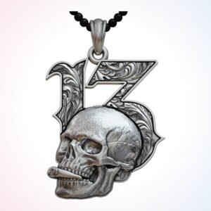 gift for him lucky skull pendant, baroque filigree frame, antique 925 silver