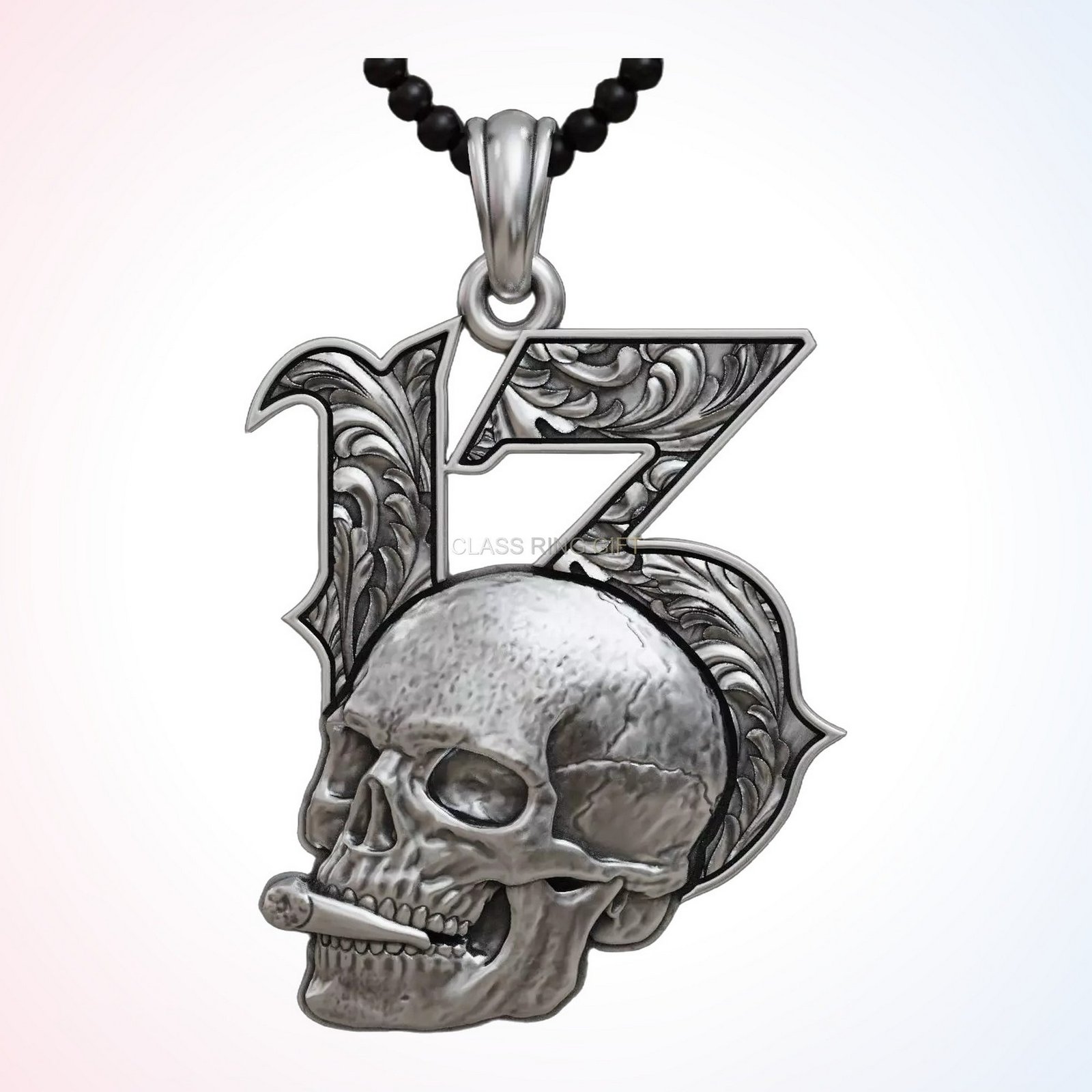 Gift for him lucky skull, angled three-quarter pendant view
