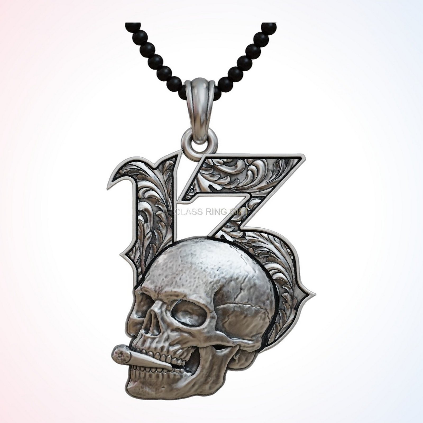 Gift for him lucky skull, side profile and chain detail