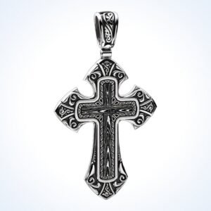 Christian gift male cross ring pendant, oxidized 925 sterling silver with filigree patterns