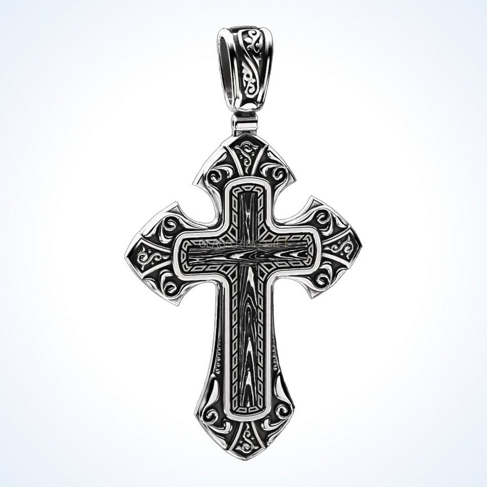 Christian gift male cross ring pendant, oxidized 925 sterling silver with filigree patterns