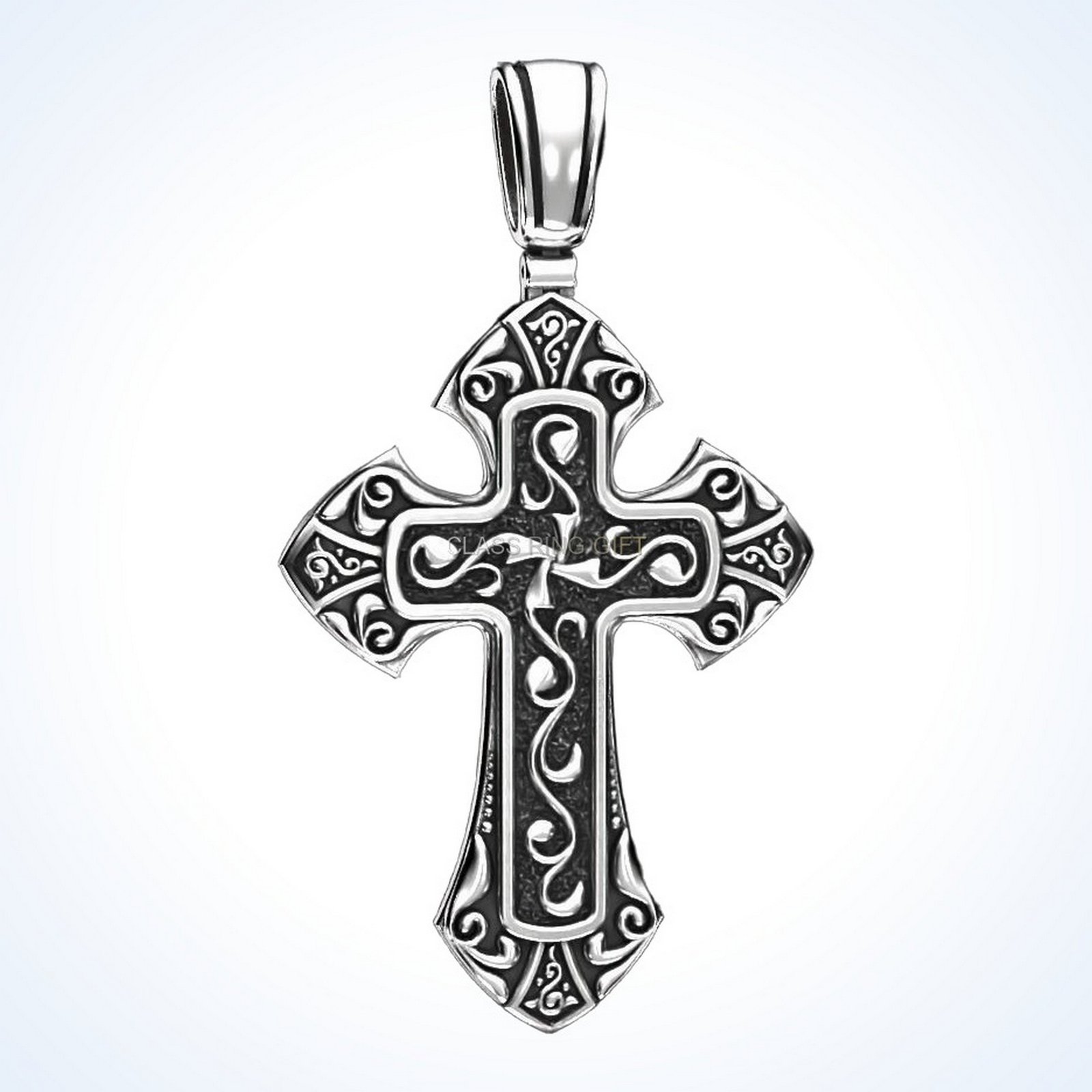 Christian gift male cross ring, angled three-quarter view showing filigree detail