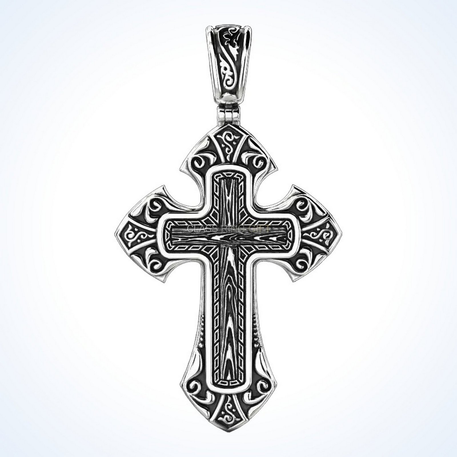 Christian gift male cross ring, front close-up showing oxidized silver and pattern work