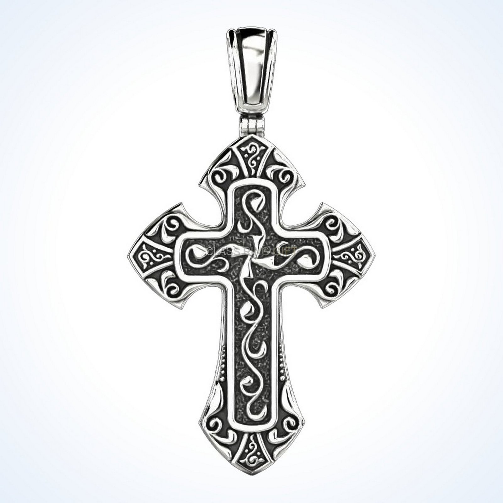 Christian gift male cross ring pendant, oxidized 925 sterling silver with filigree patterns