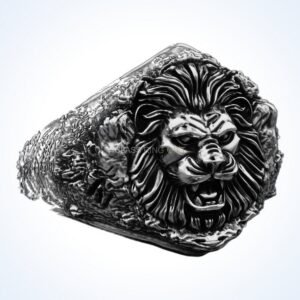 Gift for him male lion signet ring, oxidized 925 sterling silver with stone texture
