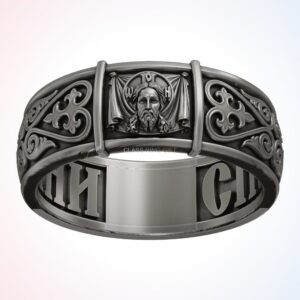 christian gift mandylion sculpted ring oxidized 925 sterling silver front view