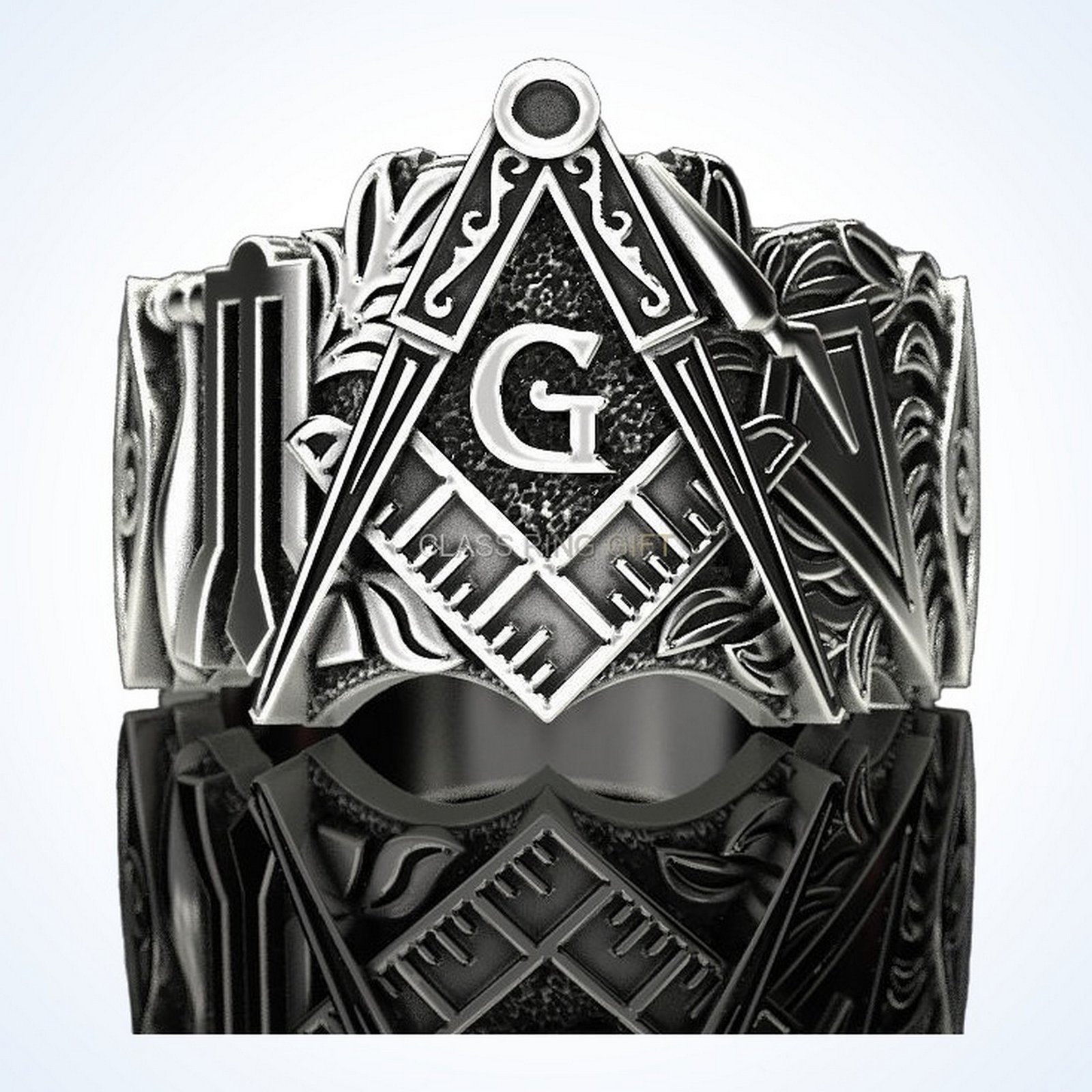 Gift for him mason man 2 masonic ring, oxidized 925 silver with square compass emblem