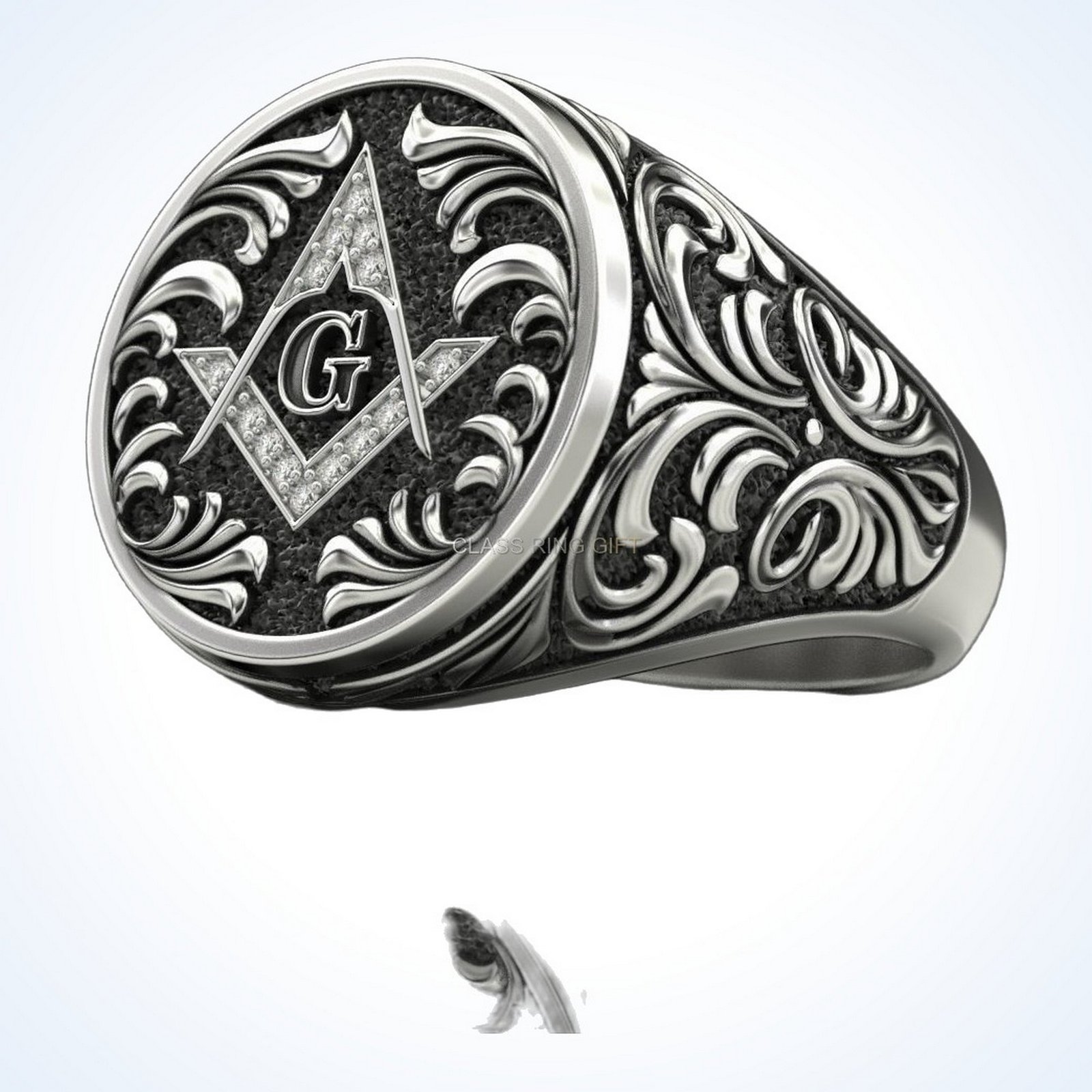 Gift for him mason ring, oxidized 925 sterling silver with square compass G