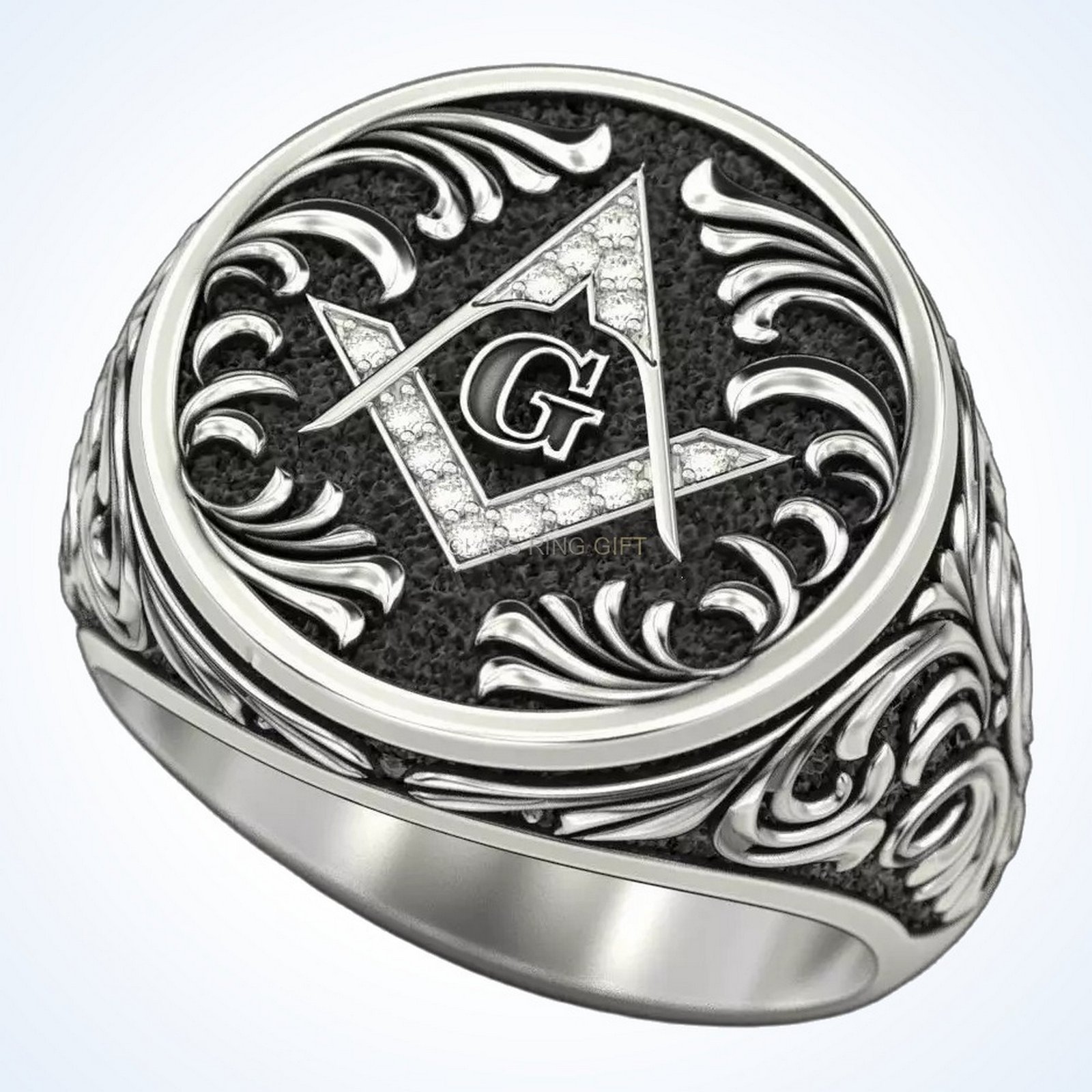 Gift for him mason ring, oxidized 925 sterling silver with square compass G