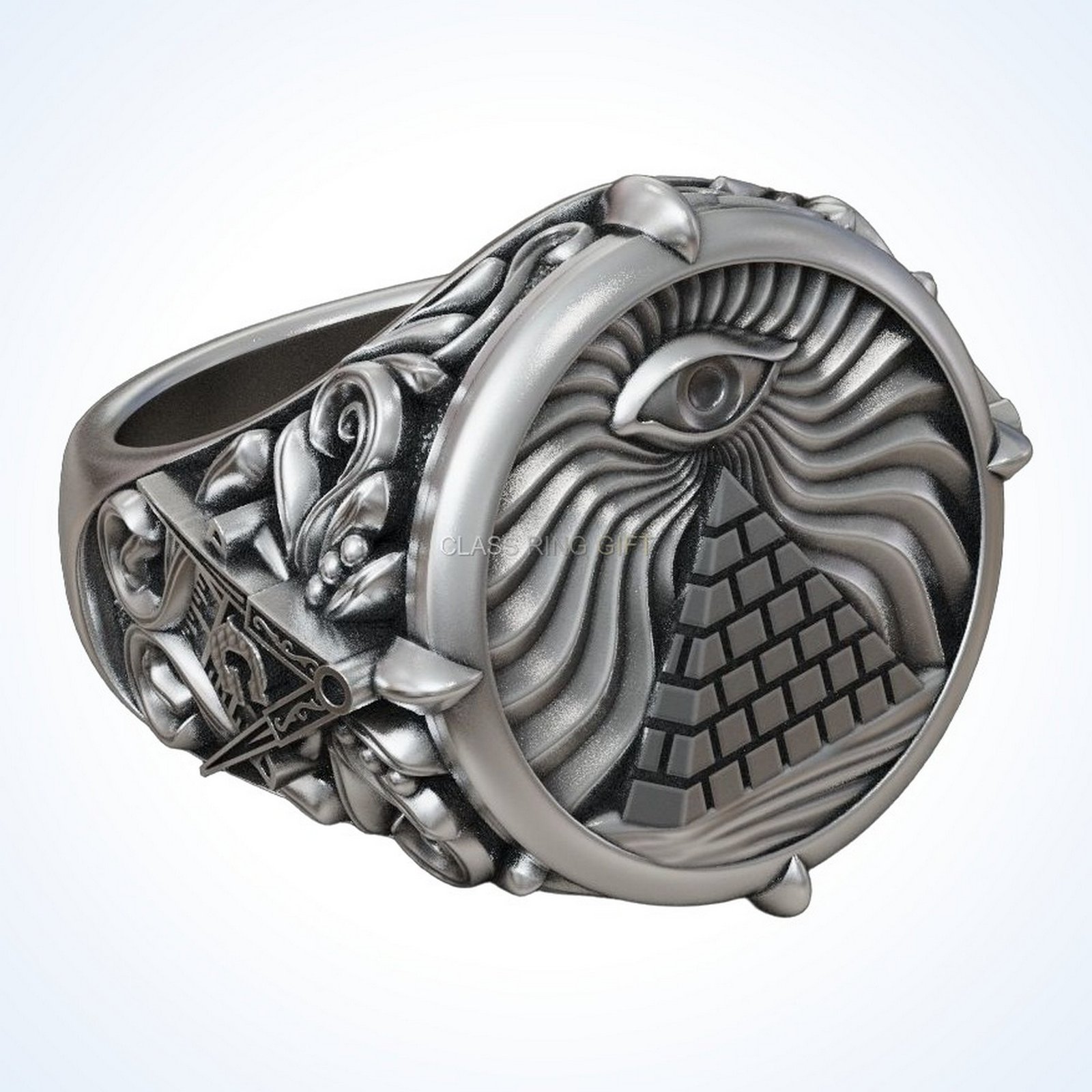 Gift for him masonic all seeing eye pyramid vintage ring, 925 sterling silver, oxidized antique fini