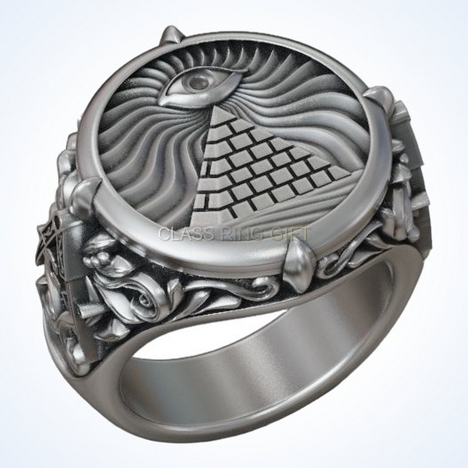 Gift for him masonic all seeing eye pyramid vintage ring, 925 sterling silver, oxidized antique fini