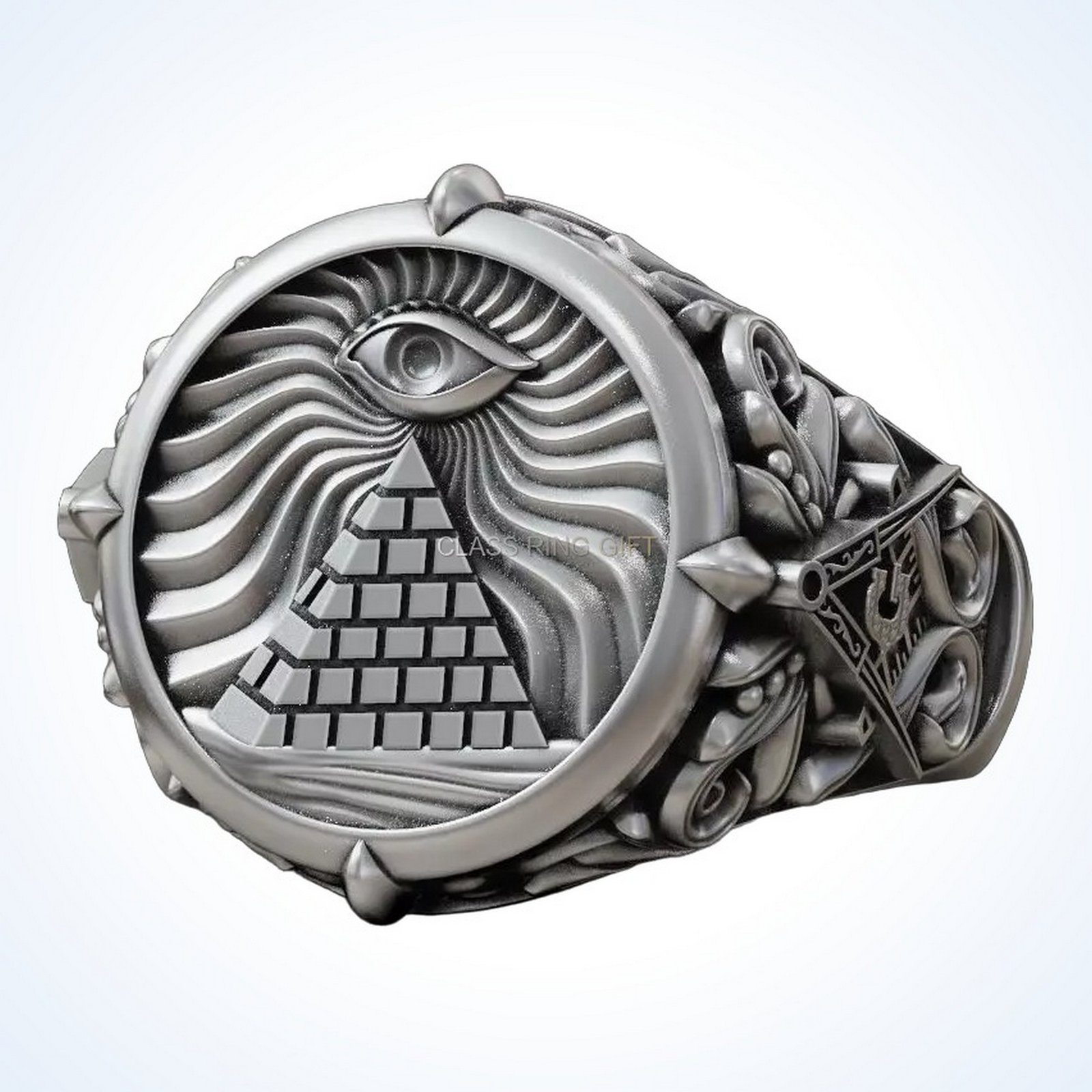 Gift for him masonic all seeing eye pyramid vintage ring, 925 sterling silver, oxidized antique fini