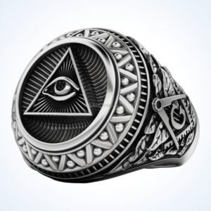 Seeing gift for him masonic all eye pyramid oxidized silver ring front view