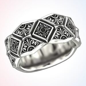 Personalized gift massive vintage ring, oxidized 925 sterling silver with geometric panels