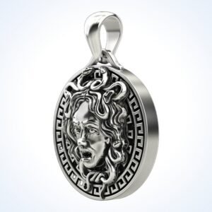 Gift for him medusa gorgon pendant, oxidized 925 sterling silver with Greek key border