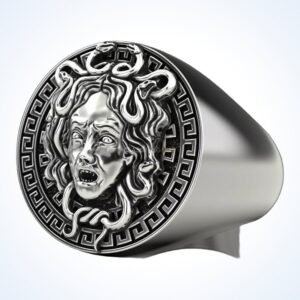 Gift for him medusa gorgon oxidized sterling silver signet ring, front view