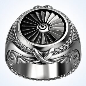 Gift for him turbine ring with detailed engine face and ornamental borders