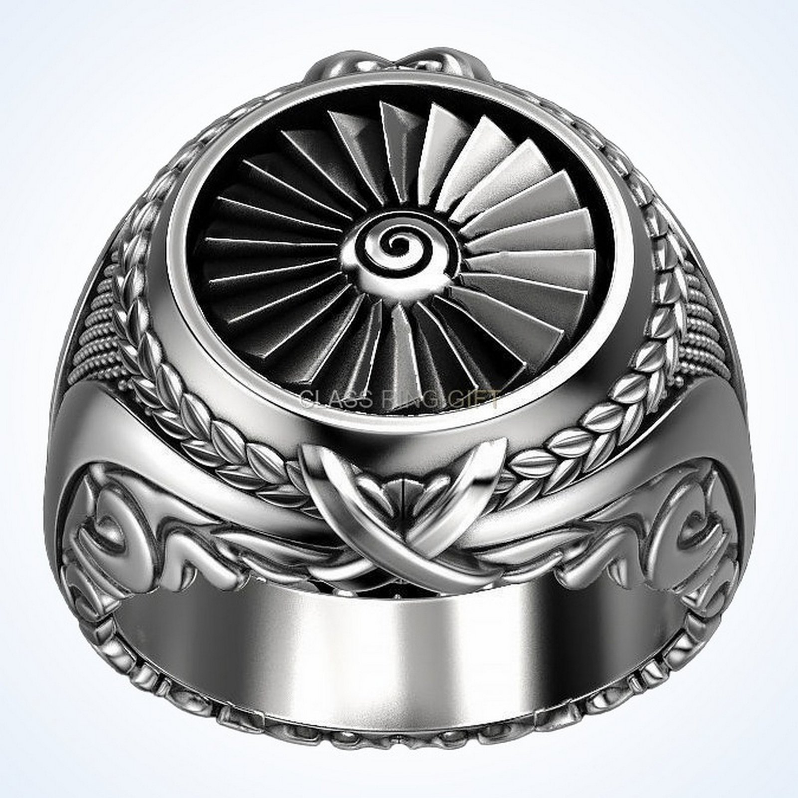 Gift for him turbine ring with detailed engine face and ornamental borders