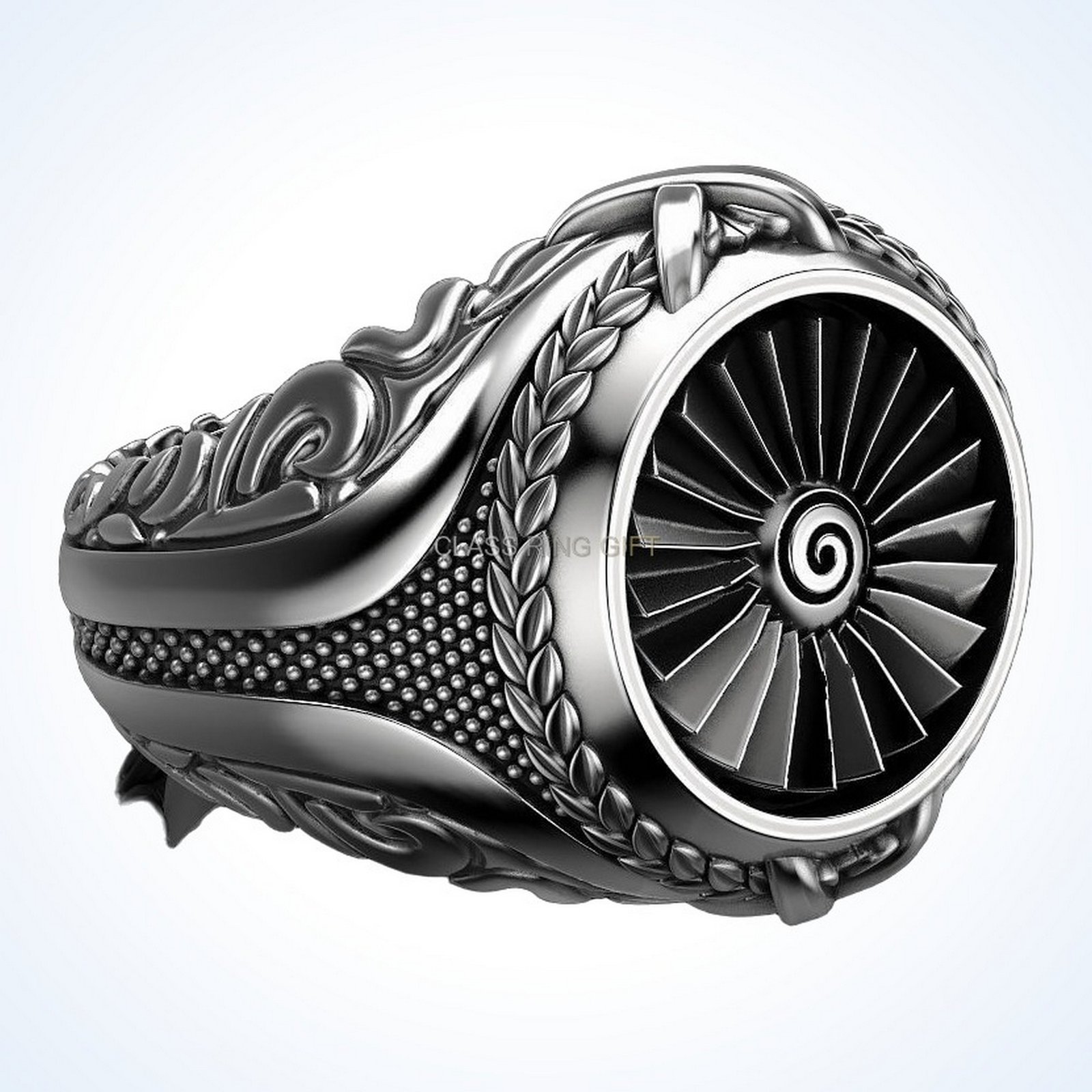 Gift for him turbine ring with detailed engine face and ornamental borders